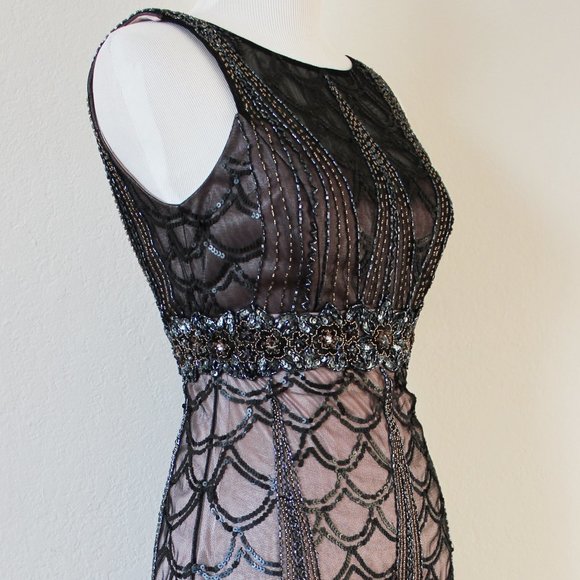 NEW Sue Wong 1920s Gatsby Art Deco Black Rose Beaded & Sequined Cocktail Dress 0 - Picture 9 of 12